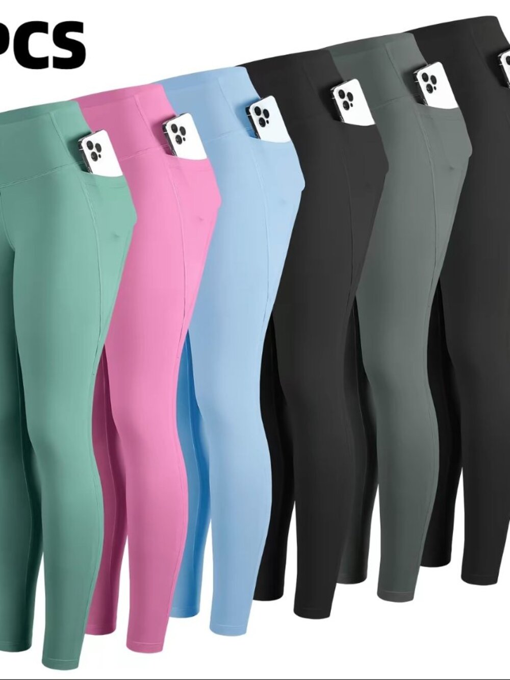 CHRLEISURE 6 Pack High Waisted Pocket Leggings L